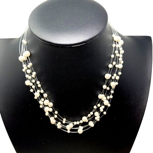 CHRISTINA Necklace Earring Jewelry Set White PEARL ILLUSION Party Gift Prom Adju - Picture 2 of 10